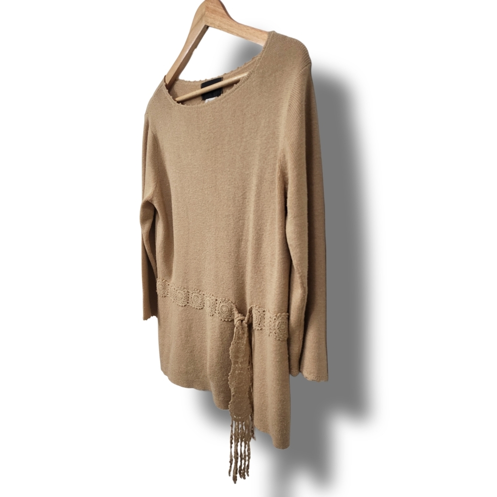 🌿Sag Harbor Women's Medium Tan Knit Crochet Tie Waist Sweater - Picture 8 of 11